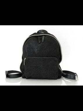 Stella McCartney Black Suede Backpack with Silver Chain Trim